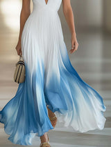 【24-hour shipping out】Elegant And Flowing V-Neck Pleated Chiffon Blue Gradient White Maxi Dress