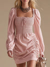 Square-neck Shirred Long-sleeved Mini Dress