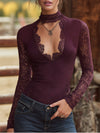 Elegant Burgundy V-neck Long-sleeved Lace Top