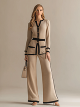 Vintage And Elegant Contrasting Trim Shirt And Wide-leg Pants Set