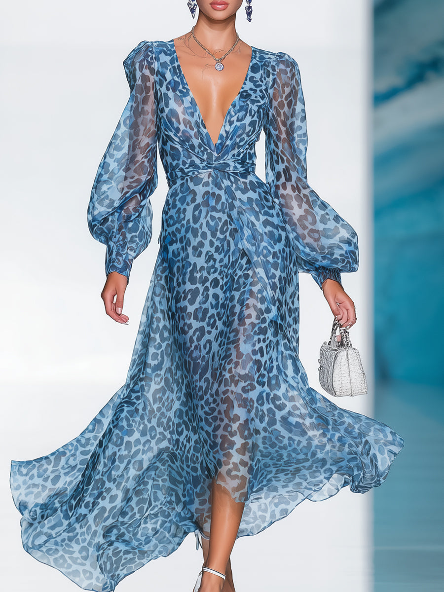 【24-hour shipping out】Elegant And Fashionable Chiffon Blue Leopard Print Long Sleeve V-neck Flowing Maxi Dress