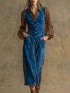 Western Retro Long-Sleeved Chiffon Leopard Print Blue Faux Suede Midi Dress
