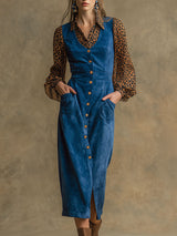 Western Retro Long-Sleeved Chiffon Leopard Print Blue Faux Suede Midi Dress