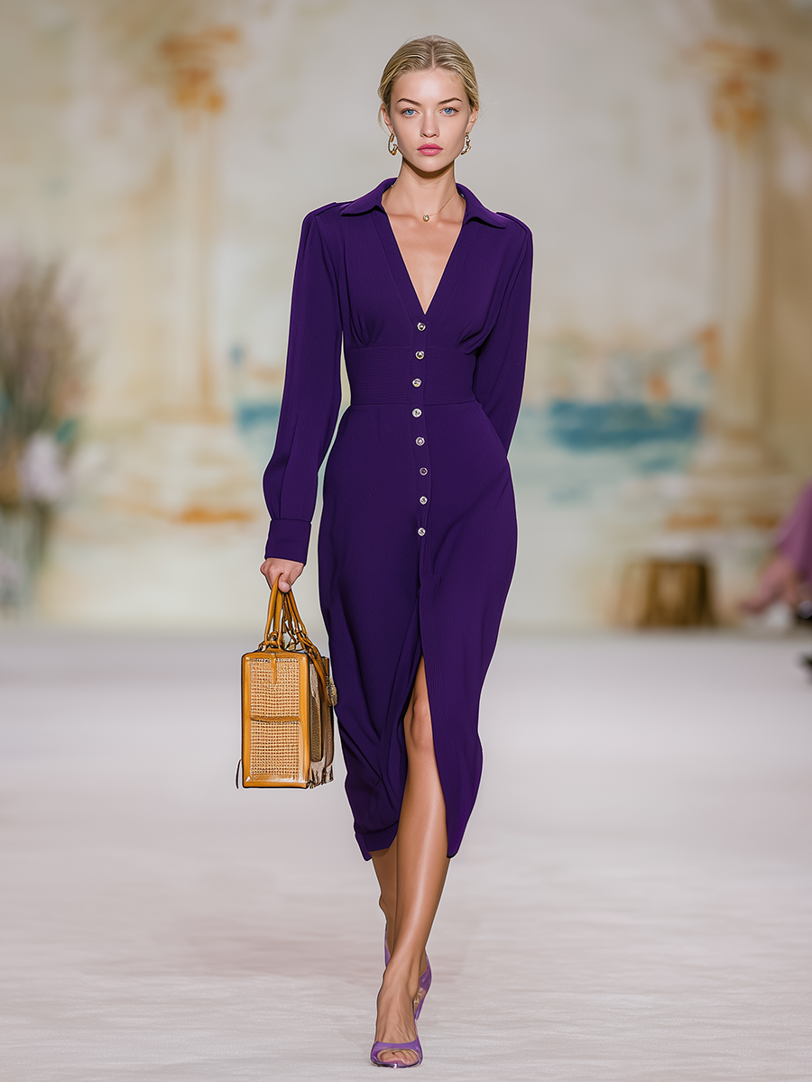 Comfortable And Elegant Vintage V-neck Long-sleeved Midi Dress