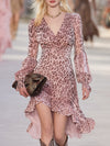 Western-style Casual V-neck Leopard Print Pink Chiffon Midi Dress