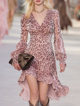 Western-style Casual V-neck Leopard Print Pink Chiffon Midi Dress