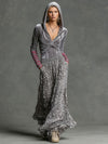Casual Retro Gray Velvet Hooded Top And Chiffon Leopard Print Skirt Set