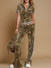 Retro Color-blocked Striped Trim Camouflage Velvet T-shirt And Pants Set