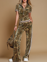 Retro Color-blocked Striped Trim Camouflage Velvet T-shirt And Pants Set