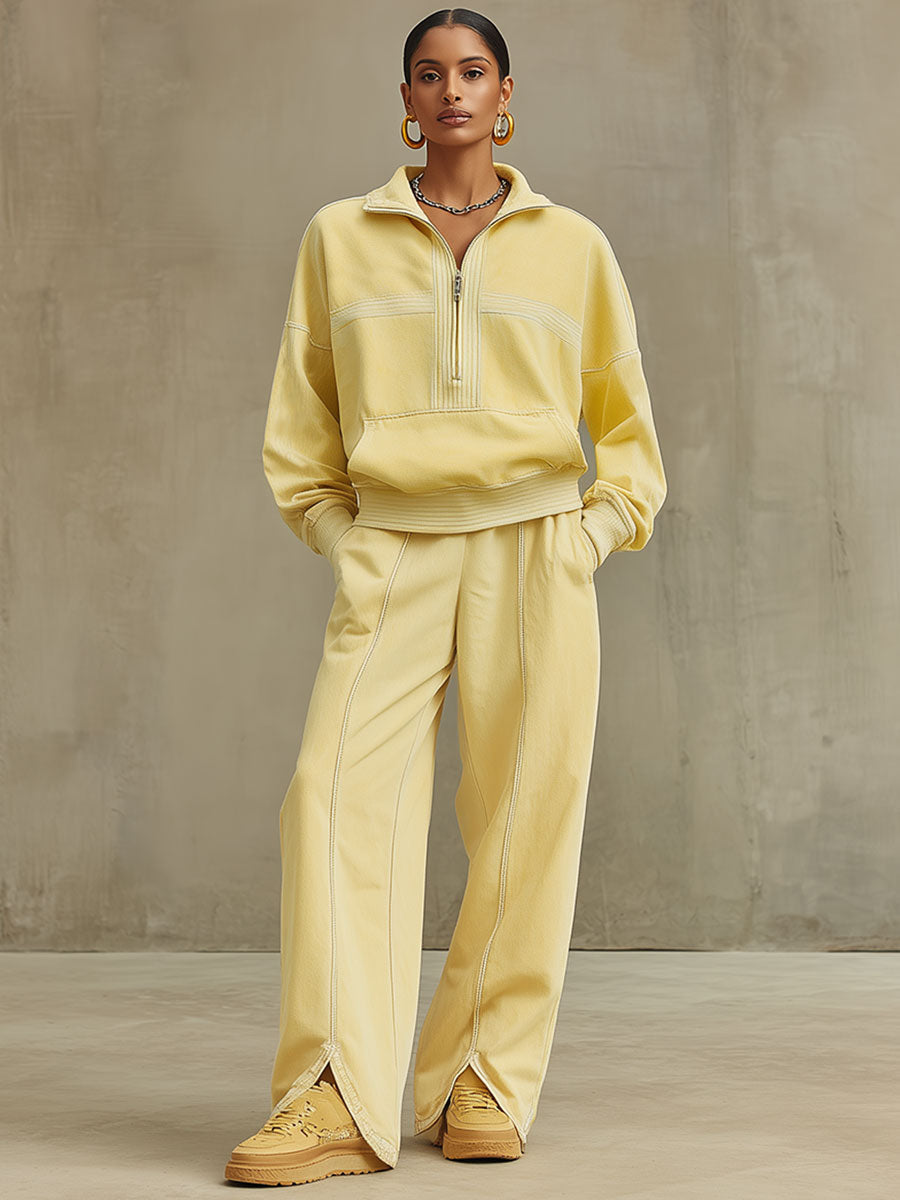 Casual Retro Pale Yellow Cotton Half-zip Sweatshirt And Split Wide-leg Pants Set