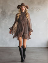 Vintage Romantic Brown Chiffon Polka Dot Mini Dress