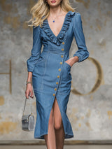 Retro V-neck Ruffled Denim Side-slit Long-sleeved Midi Dress