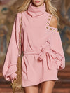 Loose High-neck Off-the-shoulder Long-sleeved Tie-detail Athletic Mini Dress