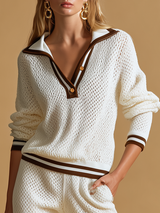 Elegant And Stylish Color-blocked Trim Polo Neck Knitted Top And Trousers Set.