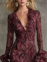 Elegant And Fashionable Burgundy Chiffon Snakeskin Pattern Ruffled Long-Sleeved Maxi Dress