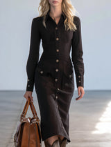 Elegant Black LinenWith Button Closure Midi Dress