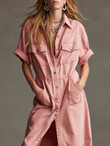 Casual Retro Pink Denim Short-sleeved Shirt Maxi Dress