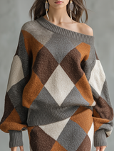 Charm Retro-style Elegant Color-blocked Diamond-patterned Knitted Top And Skirt Set