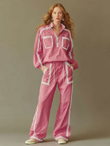 Casual Sporty Retro Pink Quick-drying Outdoor Top And Wide-leg Pants Set