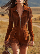 Retro Western Style Fringed Brown Long-sleeved Faux Suede Jumpsuit