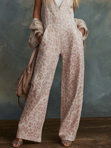 Vintage Western V-neck Front-zipLeopard Print Light Pink Faux Suede Jumpsuit