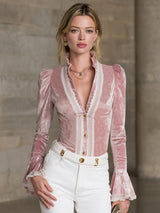 Elegant Pink Velvet Patchwork Lace Button Long-sleeved Shirt