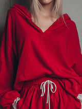 Lace-trimmed Loose-fitting Hooded Sweatshirt And Shorts Tracksuit Set