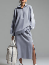 Sporty Retro Webbing Blue-grey Knit Half-zip Sweatshirt And Slit Skirt Set
