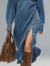 Lapel Collar Double-pocket Zip-up Denim Long-sleeved Midi Dress