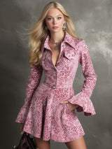 Lapel Collar Pocket Detail Leopard Print Faux Suede Flared Long-sleeved Mini Dress