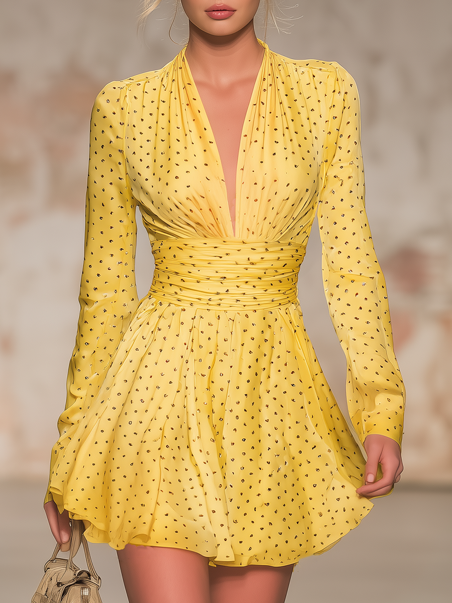 Elegant Vintage V-neck Polka Dot Satin Mini Dress