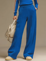 Casual Sporty Striped Royal Blue Knit Ribbed Half-zip Top And Wide-leg Pants Set