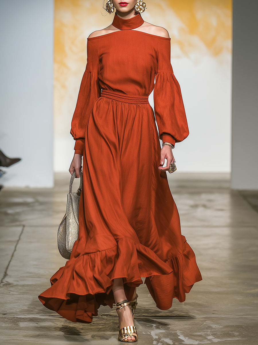 Western-style Rust-red Linen Off-the-shoulder With A Collared Neckline Maxi Dress