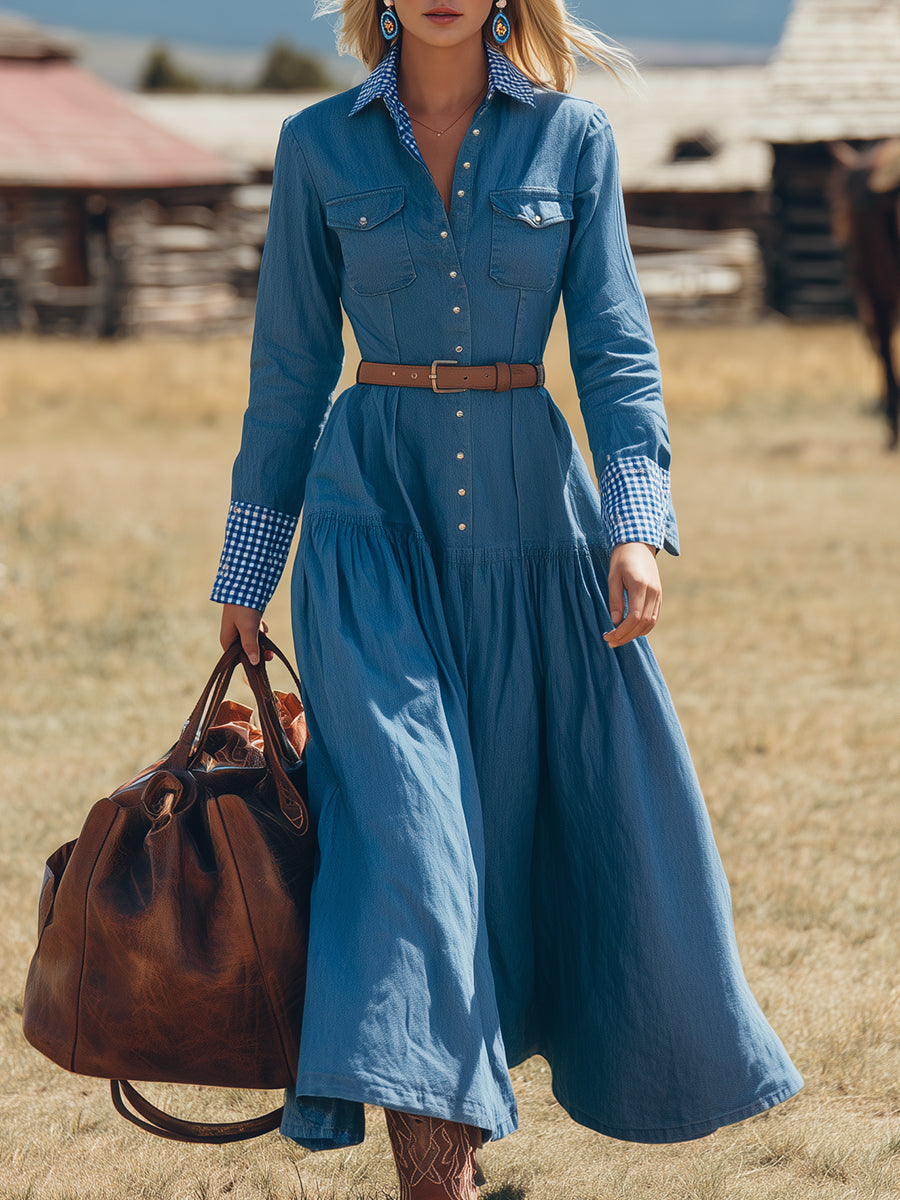 Western-style Blue Denim Patchwork With Partial Plaid Pattern And Buttons Maxi Dress