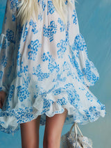 Personality Fashion Retro Semi-high Neck Ruffled Hem Leopard Print White Chiffon Mini Dress