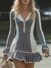Sporty Style Gray With White Lace And Ruffle DetailsMini Dress