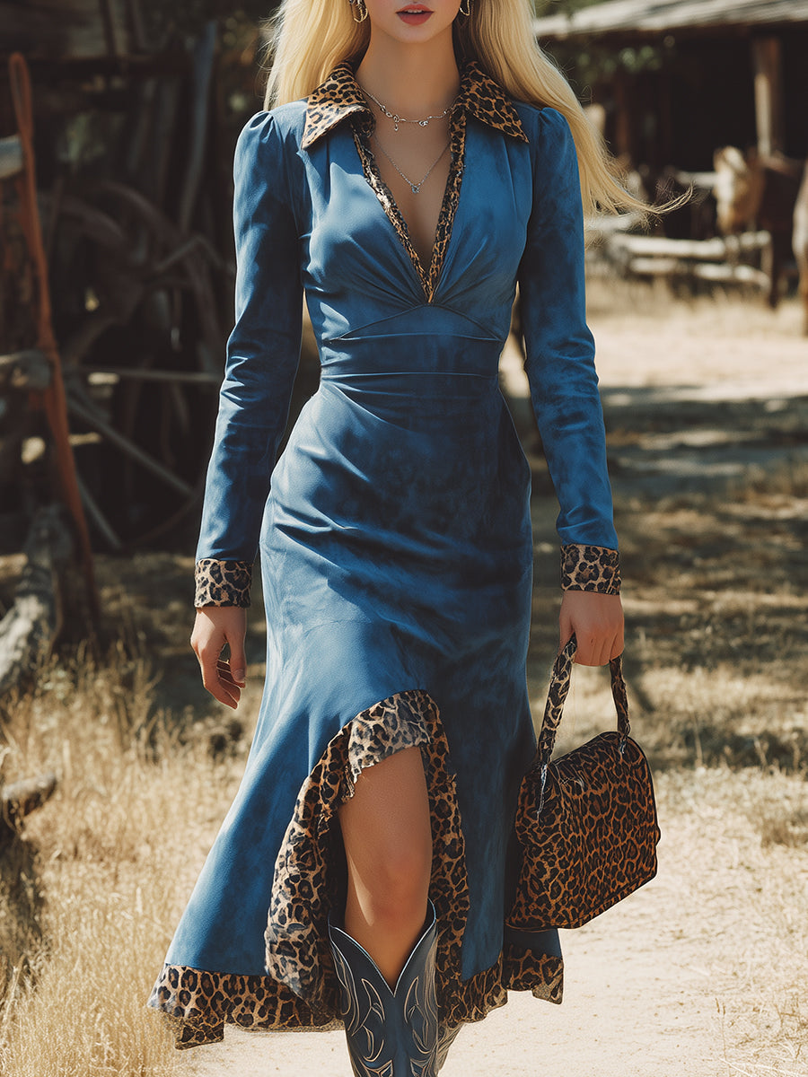 Western-style Blue Faux Suede And Leopard Print Patchwork Midi Dress