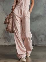 Elegant Retro Sporty V-neck Front Zipper Sleeveless Light Pink Cotton Jumpsuit