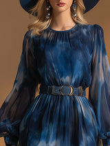 Retro Style Blue Printed Chiffon Midi Dress