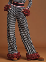 Sporty Retro Red Ruffled Black And White Striped T-shirt And Wide-Leg Pants Set