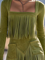 Retro Western Style Green Fringed Faux Suede Mini Dress