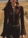 Western-style Vintage Embroidered Brown Velvet Shirt