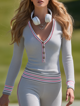 Retro Sporty Style Elegant V-neck Top And Flared Pants Set