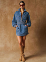 Retro Half-zip Elastic Waist Blue Denim Long-sleeved Mini Dress
