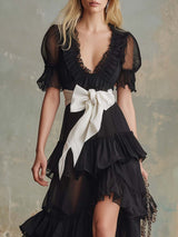 Black Chiffon V-Neck Ruffle Maxi Dress with Slit