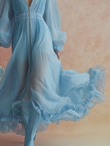 Elegant Fashion Flowing V-neck Front Zipper Ruffled Hem Sky Blue Chiffon Maxi Dress
