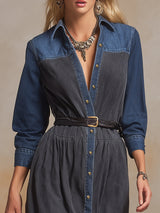 Casual Western Grey And Blue Denim Maxi Dress