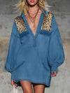 Lapel Collardenim And Leopard Print Patchwork Long-sleeved Mini Dress