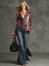 Vintage Pink Velvet Crocodile Print V-Neck Flared Long-Sleeved Shirt