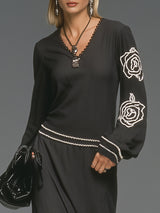 Casual And Stylish White Embroidered V-neck Black Maxi Dress